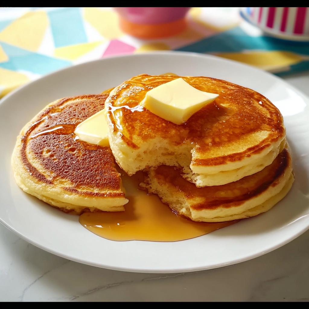 Close-up of a stack of fluffy pancakes from the Best Ever Pancakes Recipe, topped with melting butter and syrup.