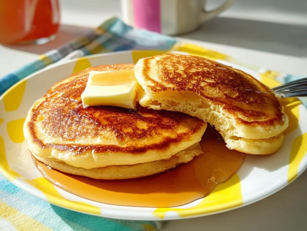 Close-up of fluffy pancakes stacked on a plate, topped with melting butter and drizzled with syrup, illustrating the Best Ever Pancakes Recipe.