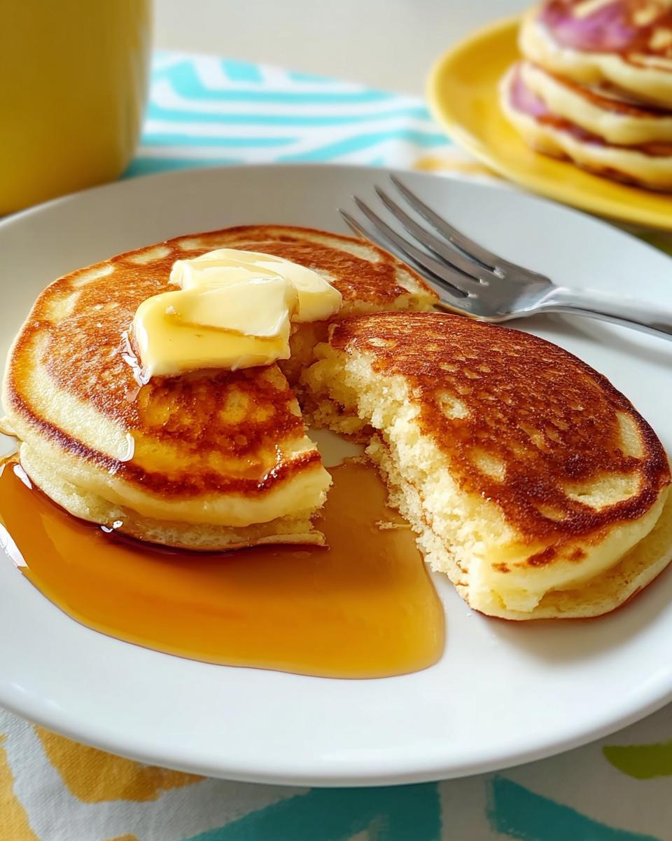 Close-up of fluffy pancakes broken open, topped with melting butter and drizzled with maple syrup, illustrating the Best Ever Pancakes Recipe.