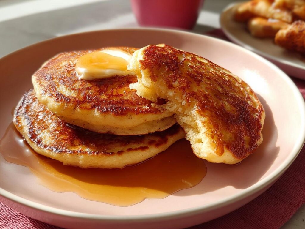 A stack of three fluffy pancakes topped with melting butter and drizzled with syrup, showcasing the interior texture.