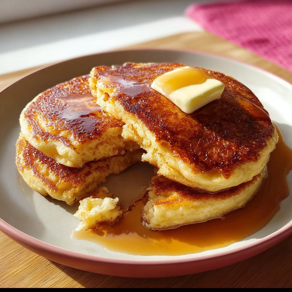 Close-up of a stack of fluffy pancakes showing the airy interior, topped with melting butter and maple syrup.