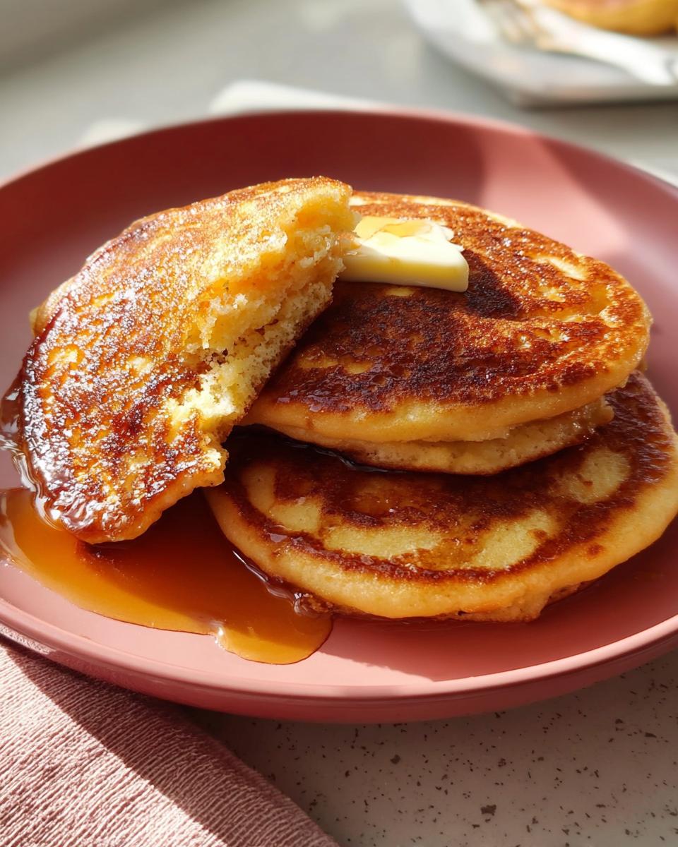 Close-up of a stack of fluffy pancakes topped with melting butter and drizzled with maple syrup.