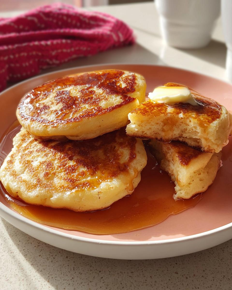 Close-up of thick, fluffy pancakes drenched in syrup with a pat of melting butter on top.