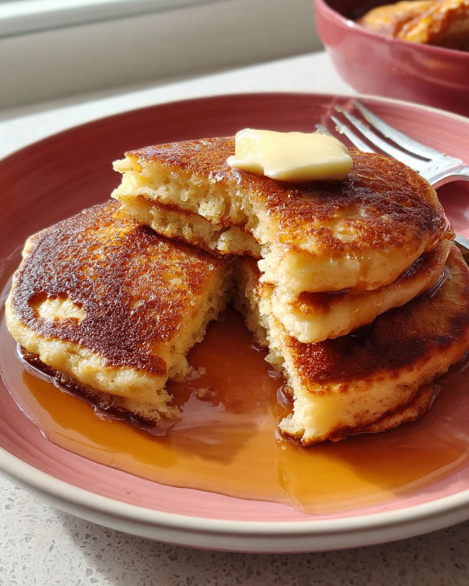 Close-up of a stack of fluffy pancakes cut open, drizzled with syrup and topped with melting butter, showcasing the Best Fluffy Pancake Recipe texture.
