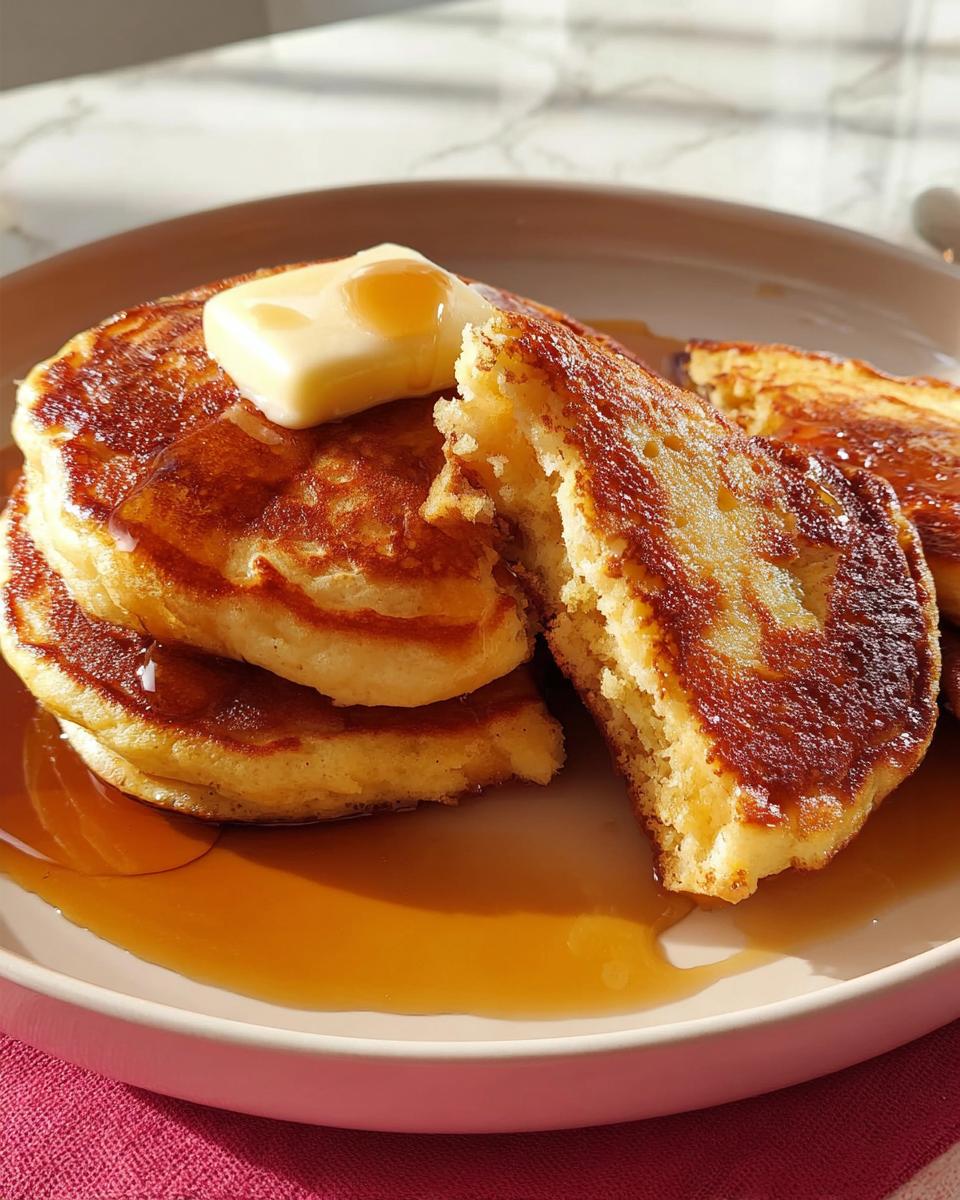 Close-up of a stack of fluffy pancakes topped with melting butter and drenched in maple syrup.