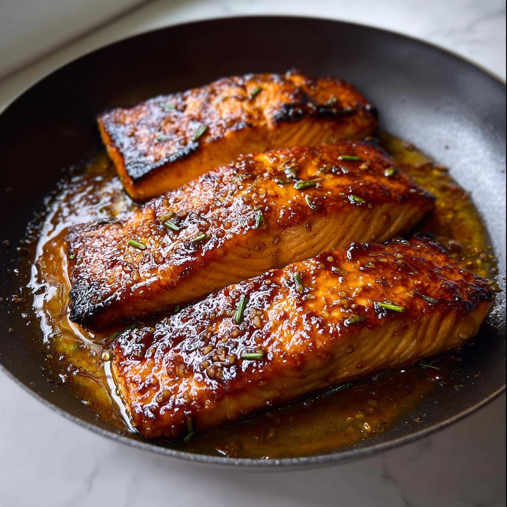 Three perfectly cooked Best Honey Garlic Baked Salmon Fillets glazed in a sticky sauce in a dark skillet.