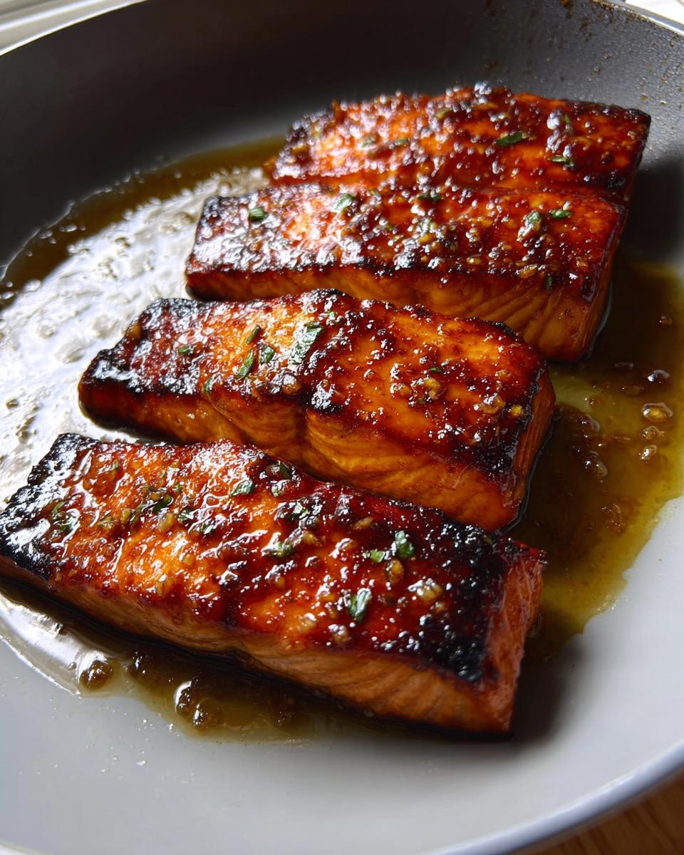 Four perfectly cooked Best Honey Garlic Baked Salmon Fillets glistening with a thick, caramelized glaze.