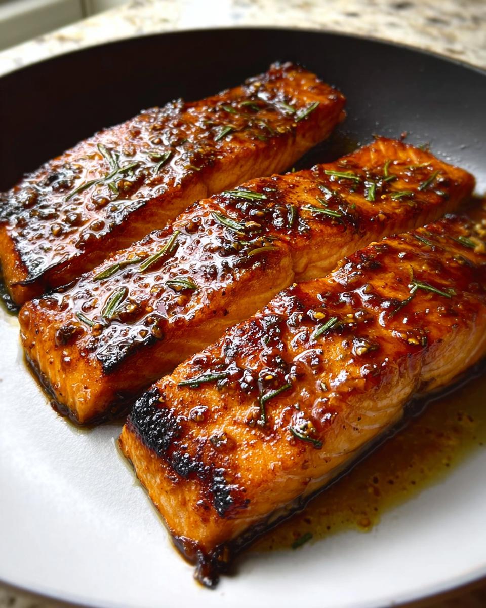 Three perfectly baked salmon fillets coated in a glossy honey garlic glaze and topped with rosemary.