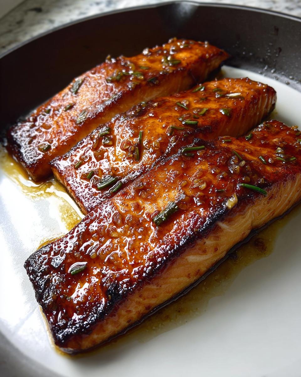 Three glistening, glazed Best Honey Garlic Baked Salmon Fillets resting in a skillet.
