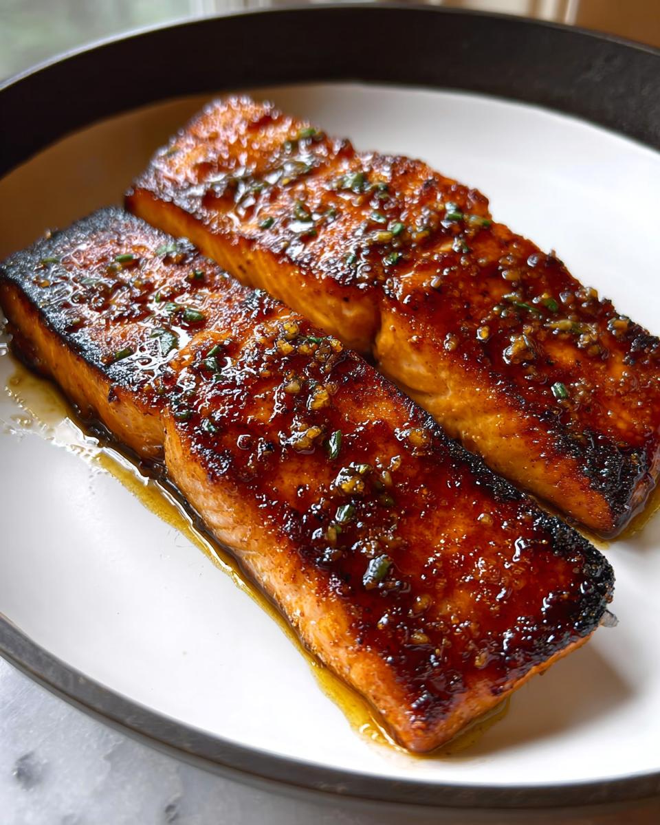 Two perfectly cooked Best Honey Garlic Baked Salmon Fillets glistening with a rich, caramelized glaze and topped with herbs.