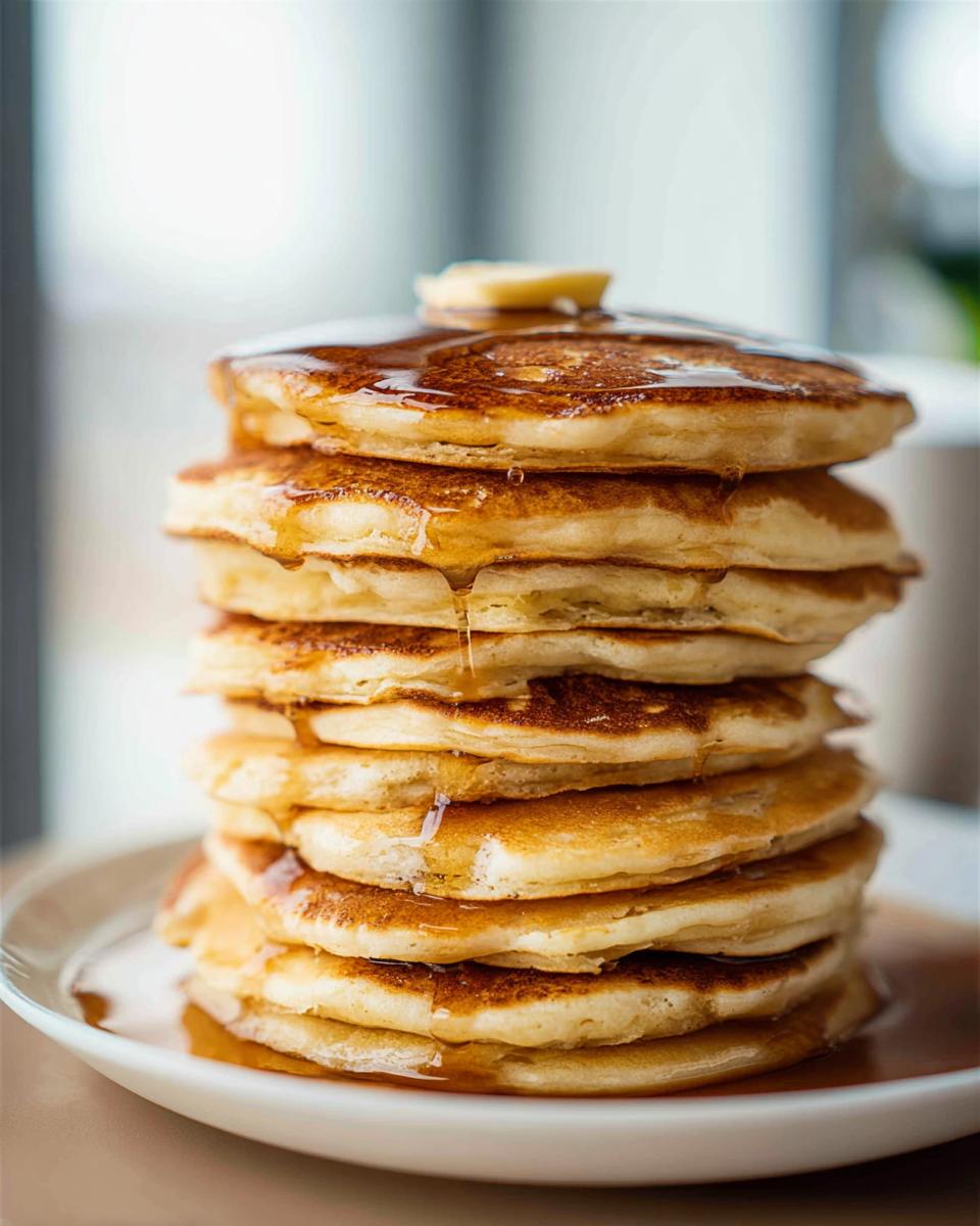 A tall stack of fluffy pancakes from scratch topped with melting butter and dripping maple syrup.