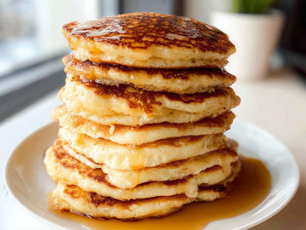 A tall stack of perfectly cooked, fluffy pancakes from scratch drizzled with maple syrup on a white plate.