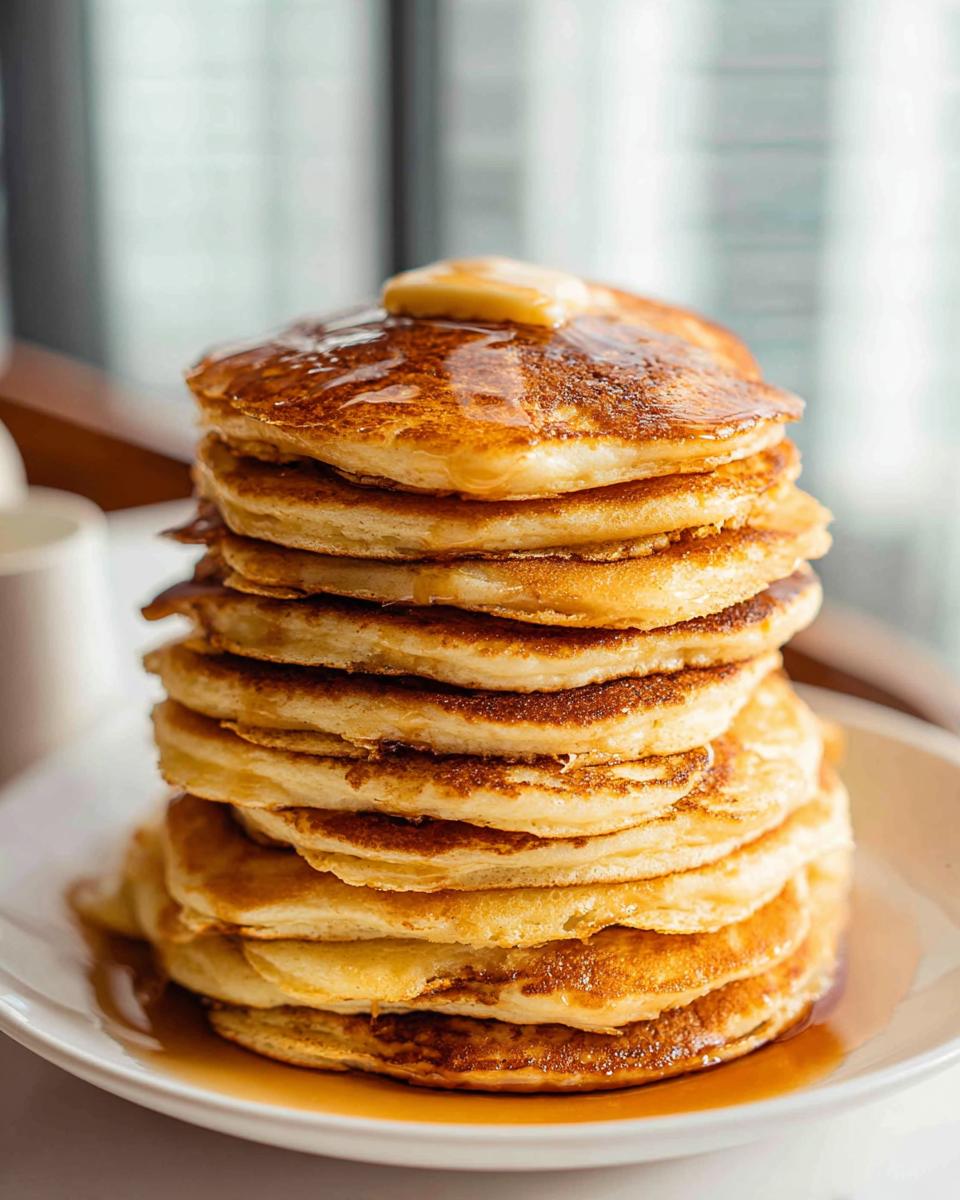 A tall stack of golden brown pancakes from scratch, topped with melting butter and syrup.