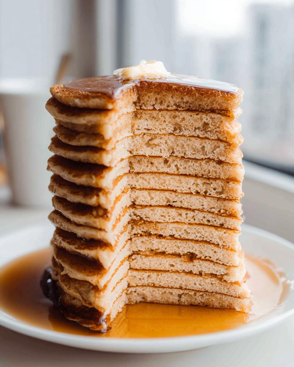 A tall stack of fluffy pancakes from scratch, cut to show the texture, topped with butter and syrup.