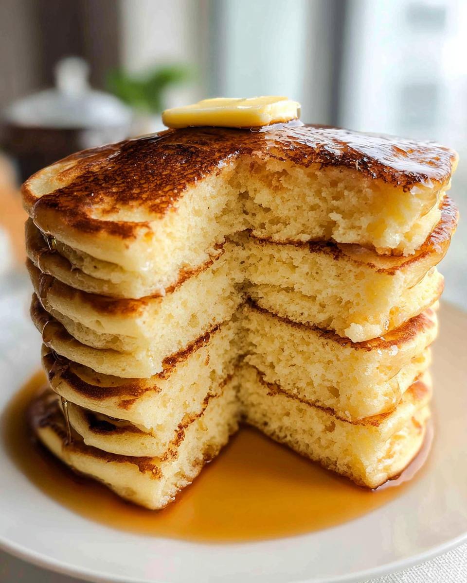 A tall stack of fluffy pancakes from scratch, cut to show the interior, topped with butter and syrup.
