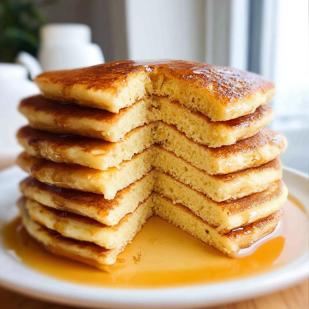 A tall stack of fluffy pancakes from scratch, drizzled generously with syrup, with a slice cut out.