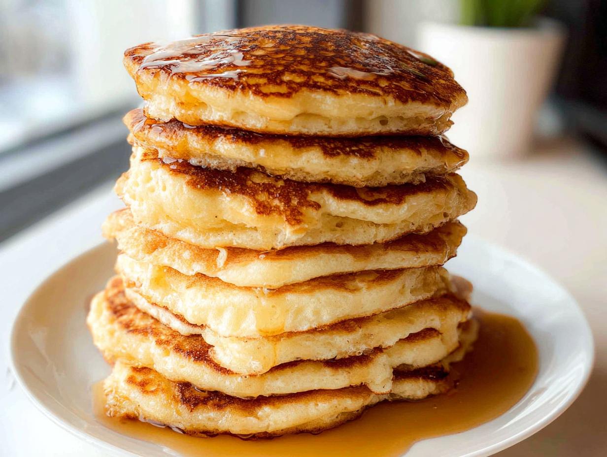 A tall stack of perfectly cooked, fluffy pancakes from scratch drizzled with maple syrup on a white plate.