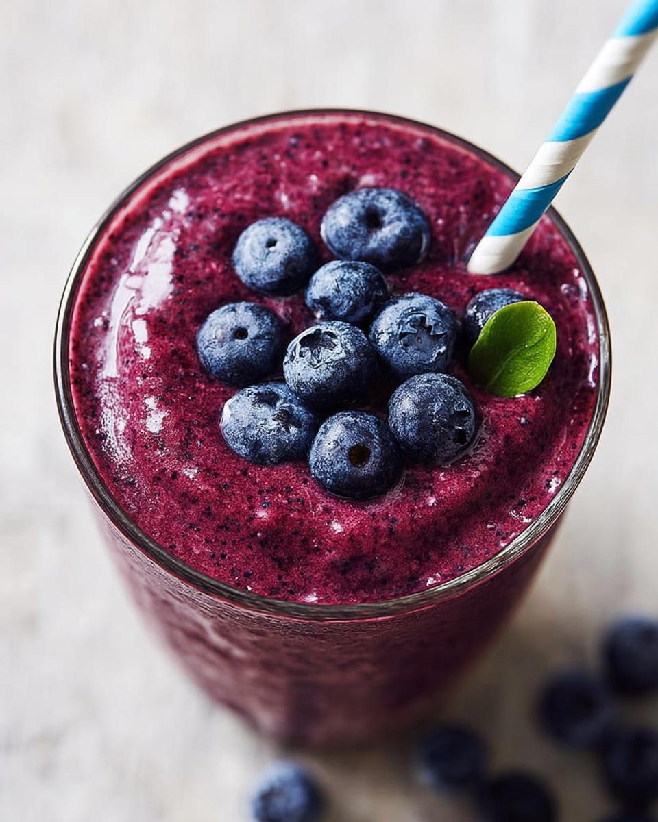 Overhead view of a thick, vibrant purple Blueberry Smoothie Detox garnished with fresh blueberries and a striped straw.