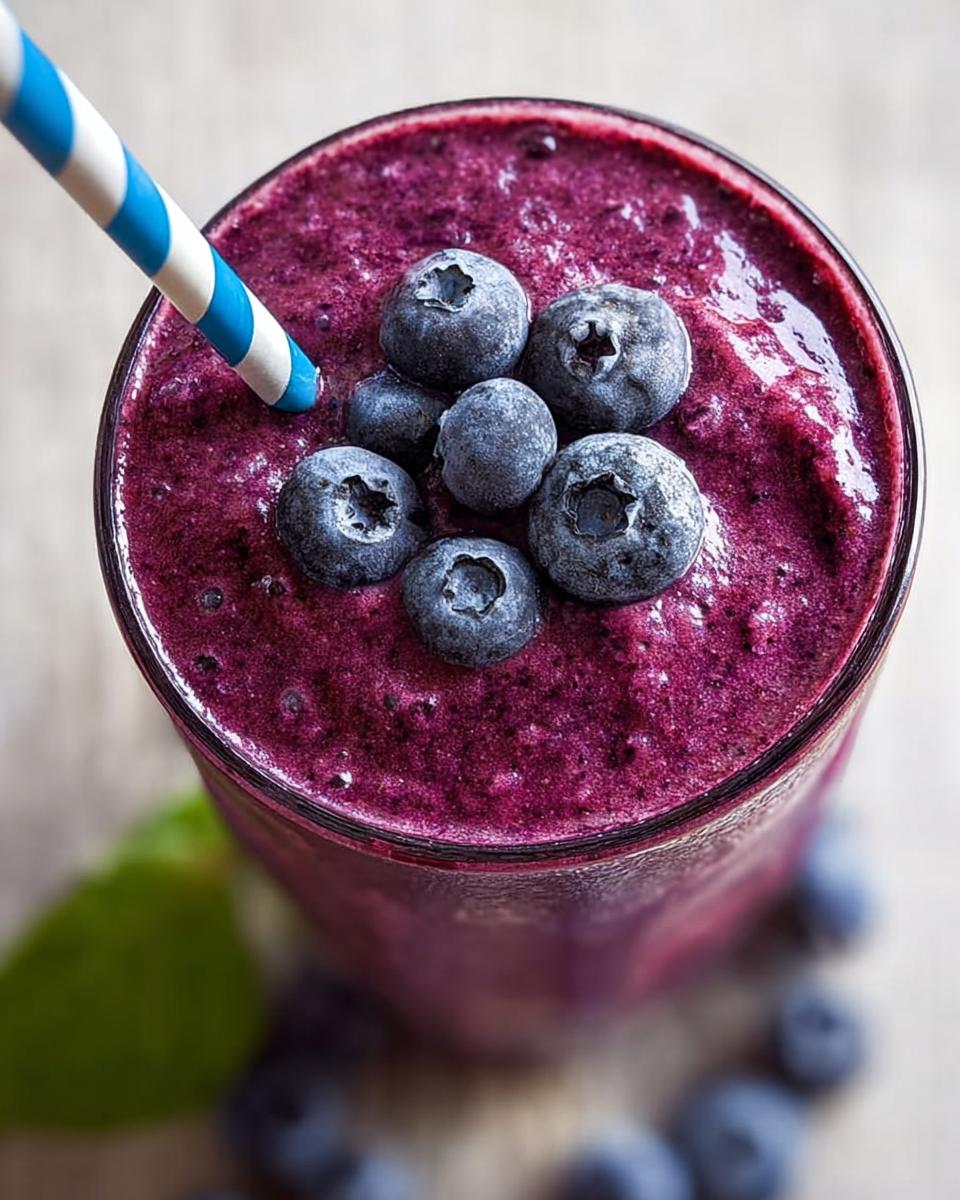 Overhead close-up of a thick, vibrant purple Blueberry Smoothie Detox topped with fresh blueberries and a striped straw.