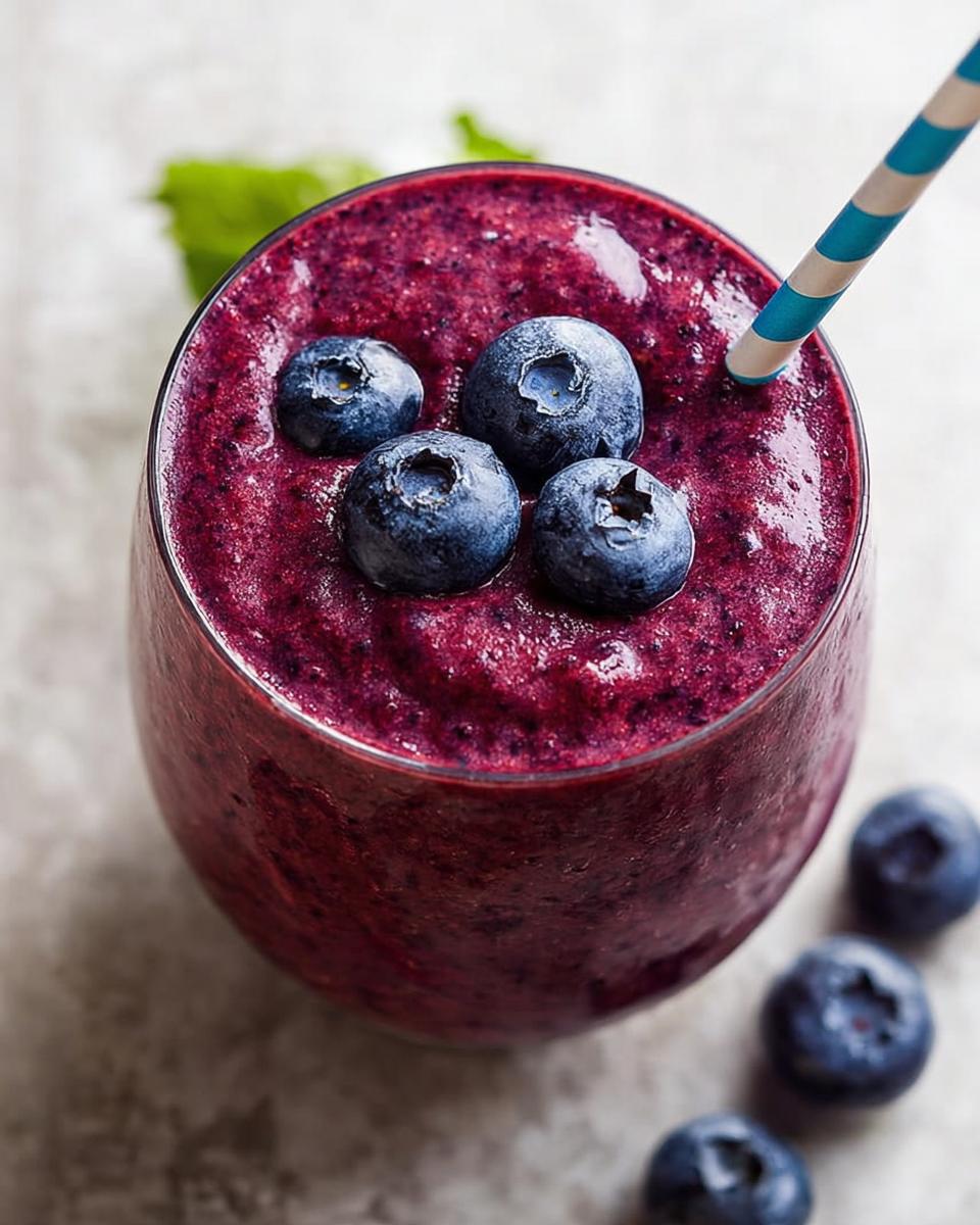 Close-up of a thick, vibrant purple Blueberry Smoothie Detox topped with four fresh blueberries and a striped straw.
