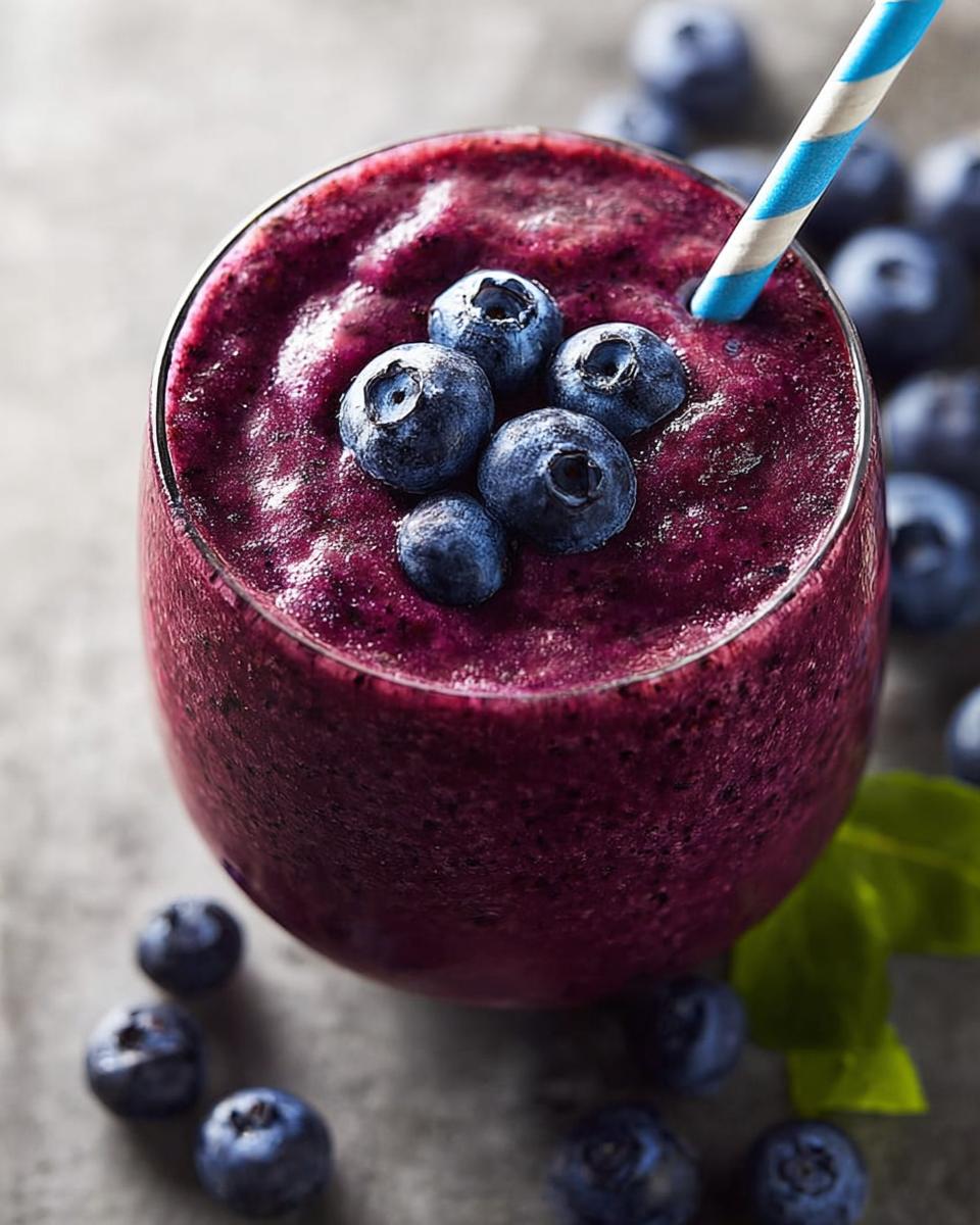 Close-up of a thick, deep purple Blueberry Smoothie Detox topped with fresh blueberries and a striped straw.