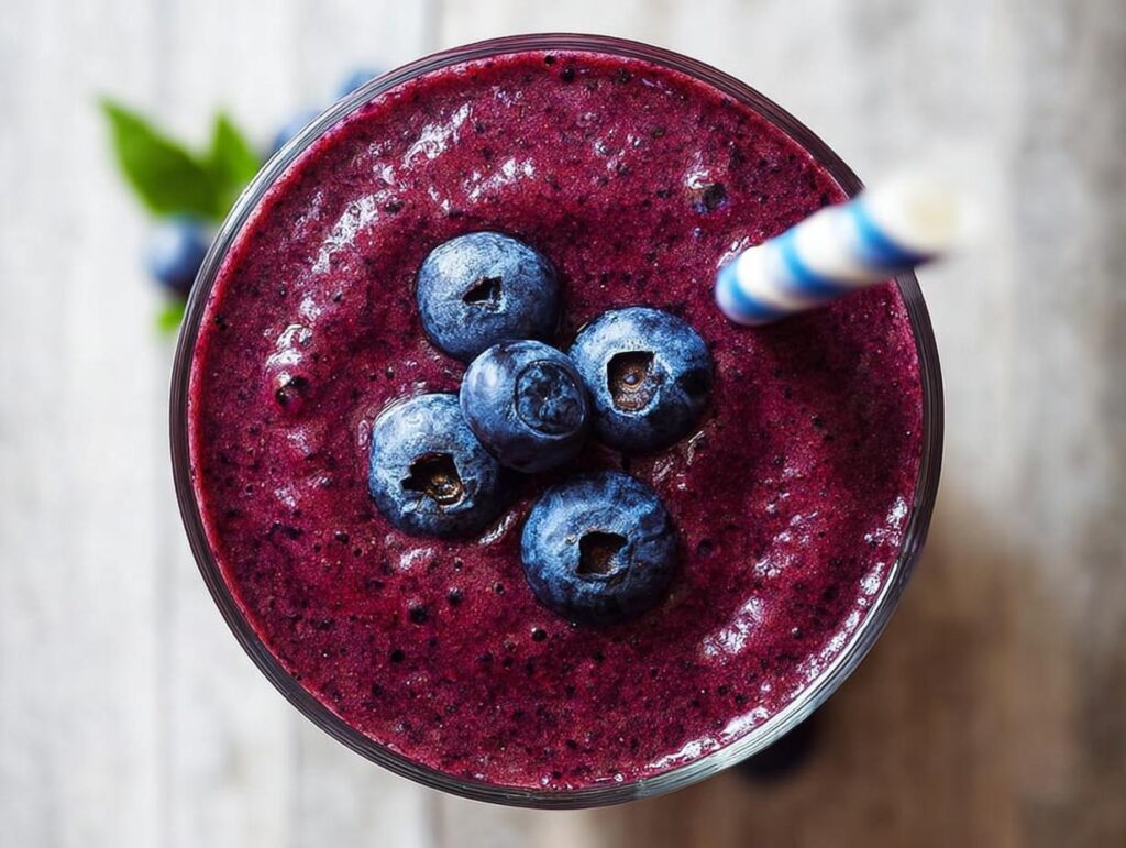 Overhead view of a rich, purple Blueberry Smoothie Detox garnished with five fresh blueberries and a striped straw.
