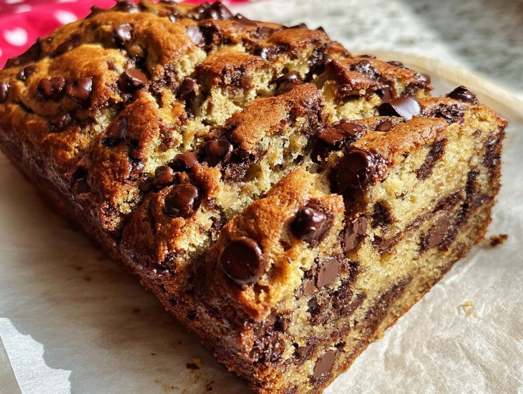 A close-up view of a freshly baked loaf of Brown Butter Banana Bread loaded with melted chocolate chips.