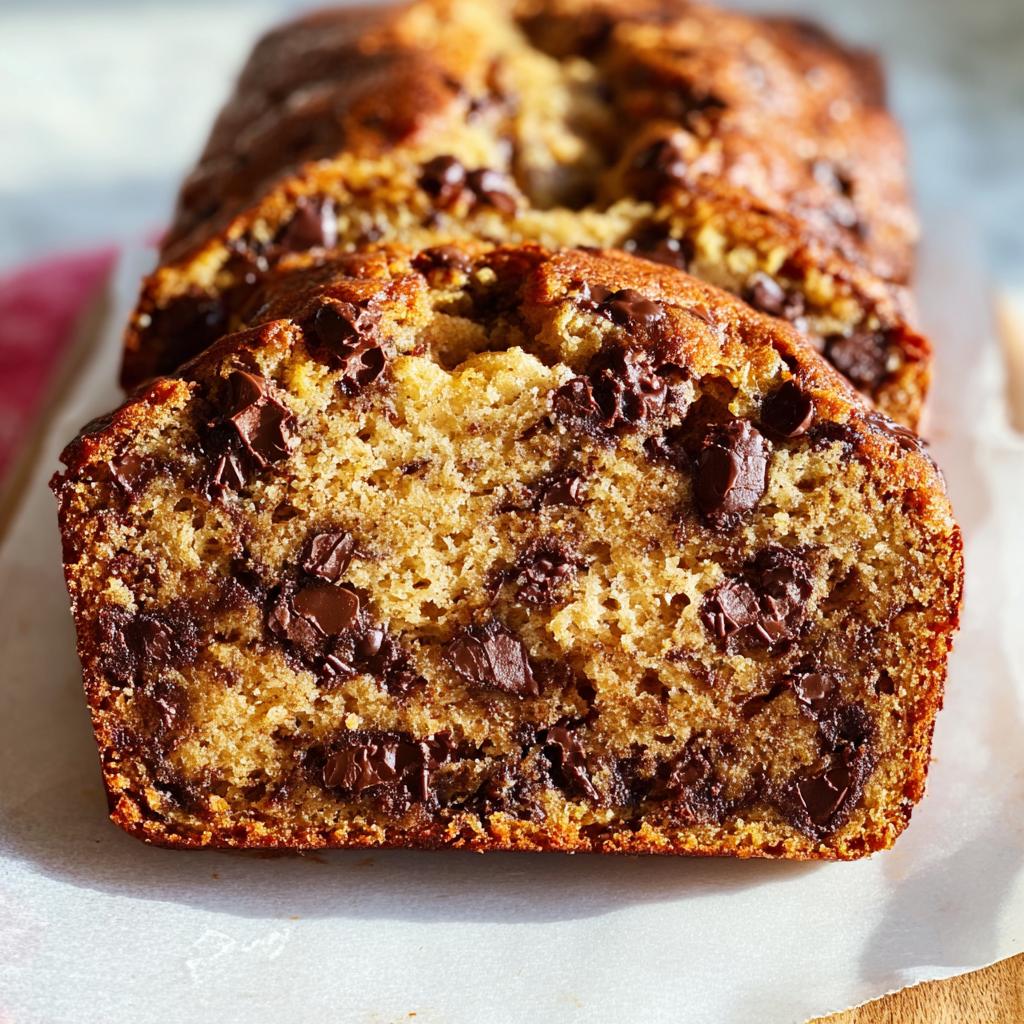 Close-up of sliced Brown Butter Banana Bread loaded with melted chocolate chips.