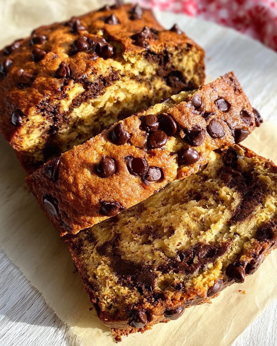Close-up of sliced Brown Butter Banana Bread loaded with chocolate chips and swirls.