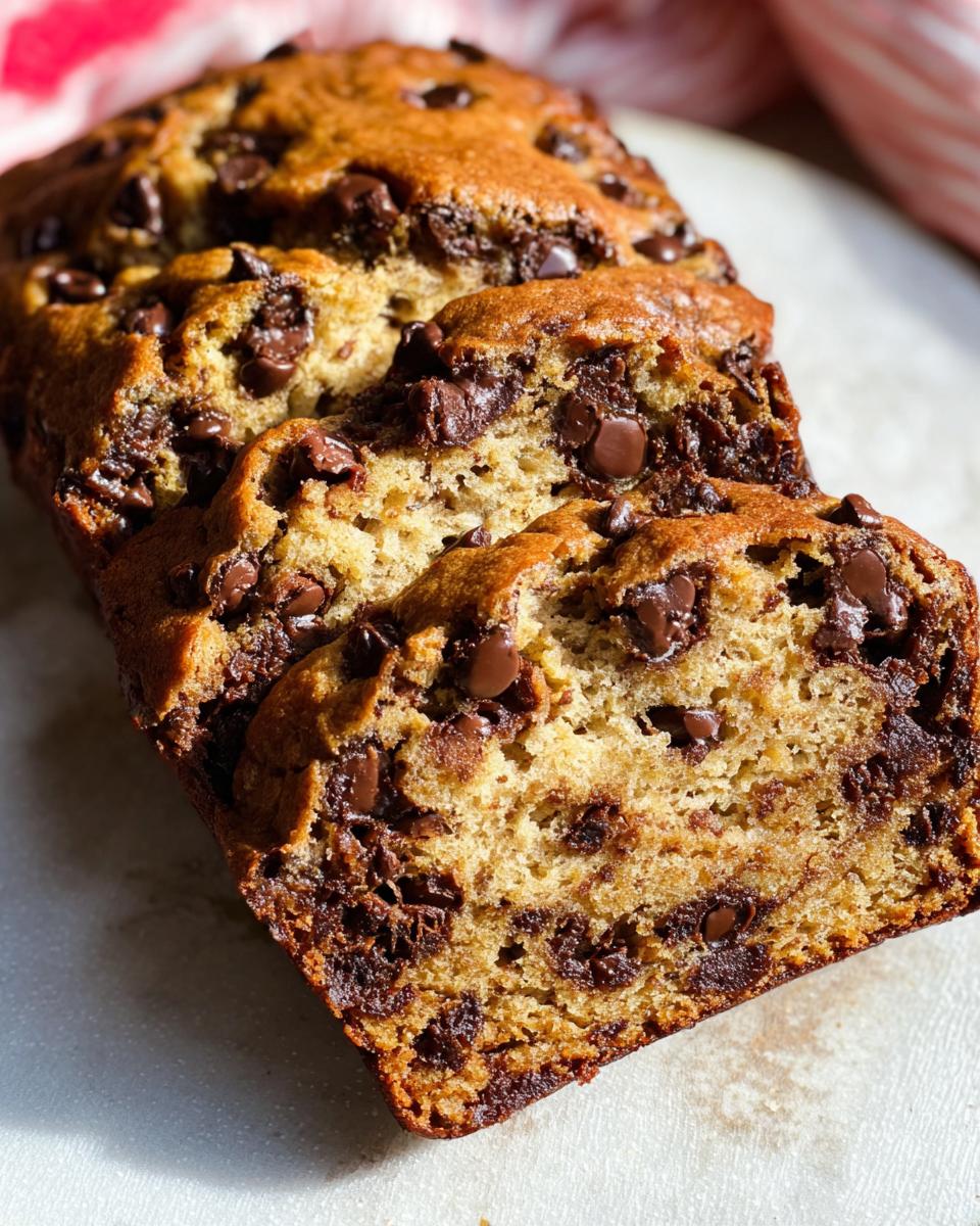Close-up of sliced Brown Butter Banana Bread loaded with melted chocolate chips.