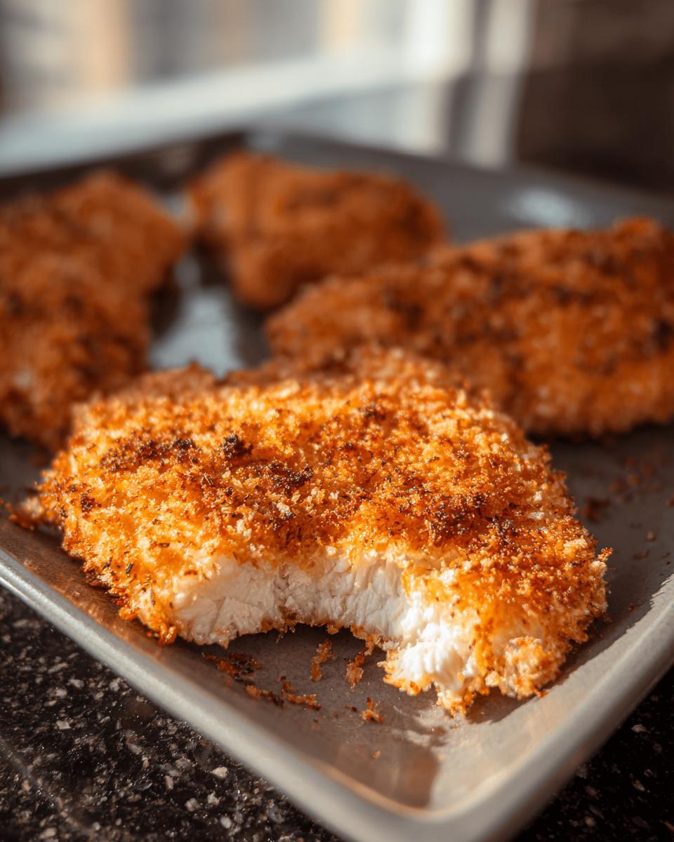 A piece of crispy Buttermilk Baked Fried Chicken with a bite taken out, showing the juicy white meat inside.