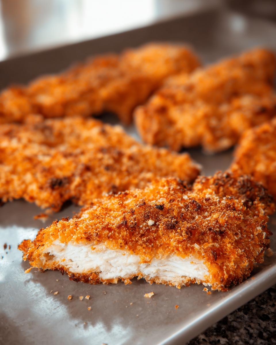 Cross-section view of crispy Buttermilk Baked Fried Chicken showing juicy white meat inside a golden breading.