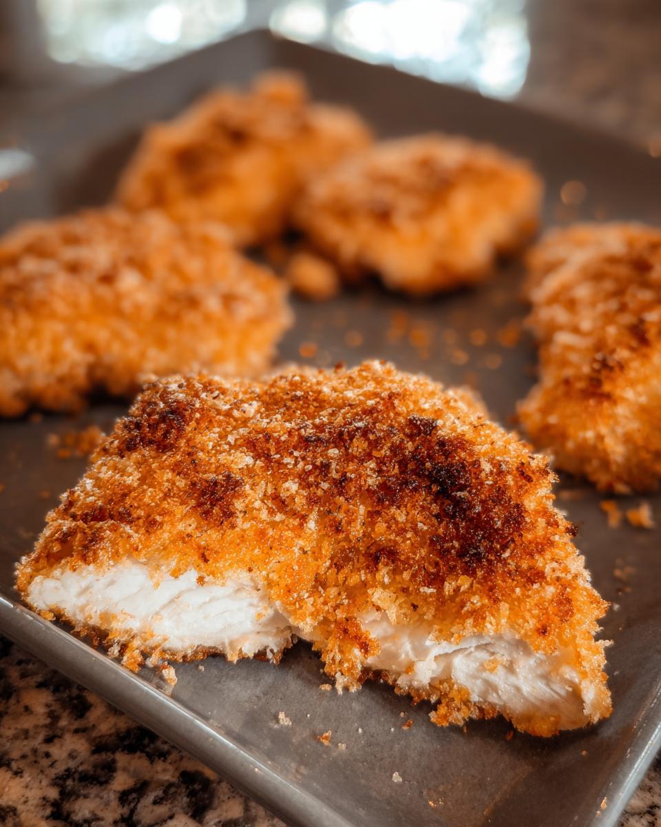 Close-up of a piece of Buttermilk Baked Fried Chicken, showing the crispy golden crust and juicy white meat inside.