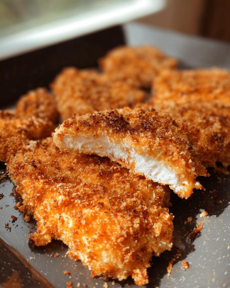 Close-up of crispy Buttermilk Baked Fried Chicken, showing the juicy white meat inside a golden-brown crust.