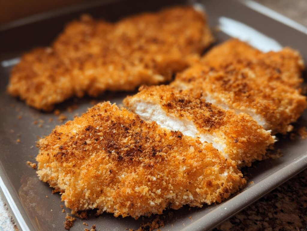 Close-up of sliced Buttermilk Baked Fried Chicken showing juicy white meat and a crispy golden-brown breading.