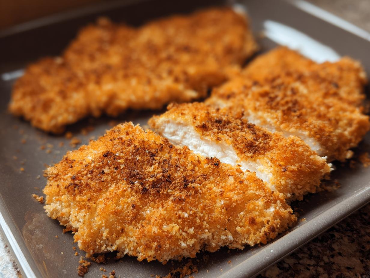 Close-up of sliced Buttermilk Baked Fried Chicken showing juicy white meat and a crispy golden-brown breading.