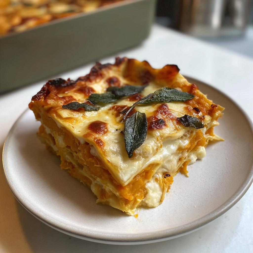 A perfectly baked slice of Butternut Squash and Sage Lasagna with browned cheese and sage leaves.