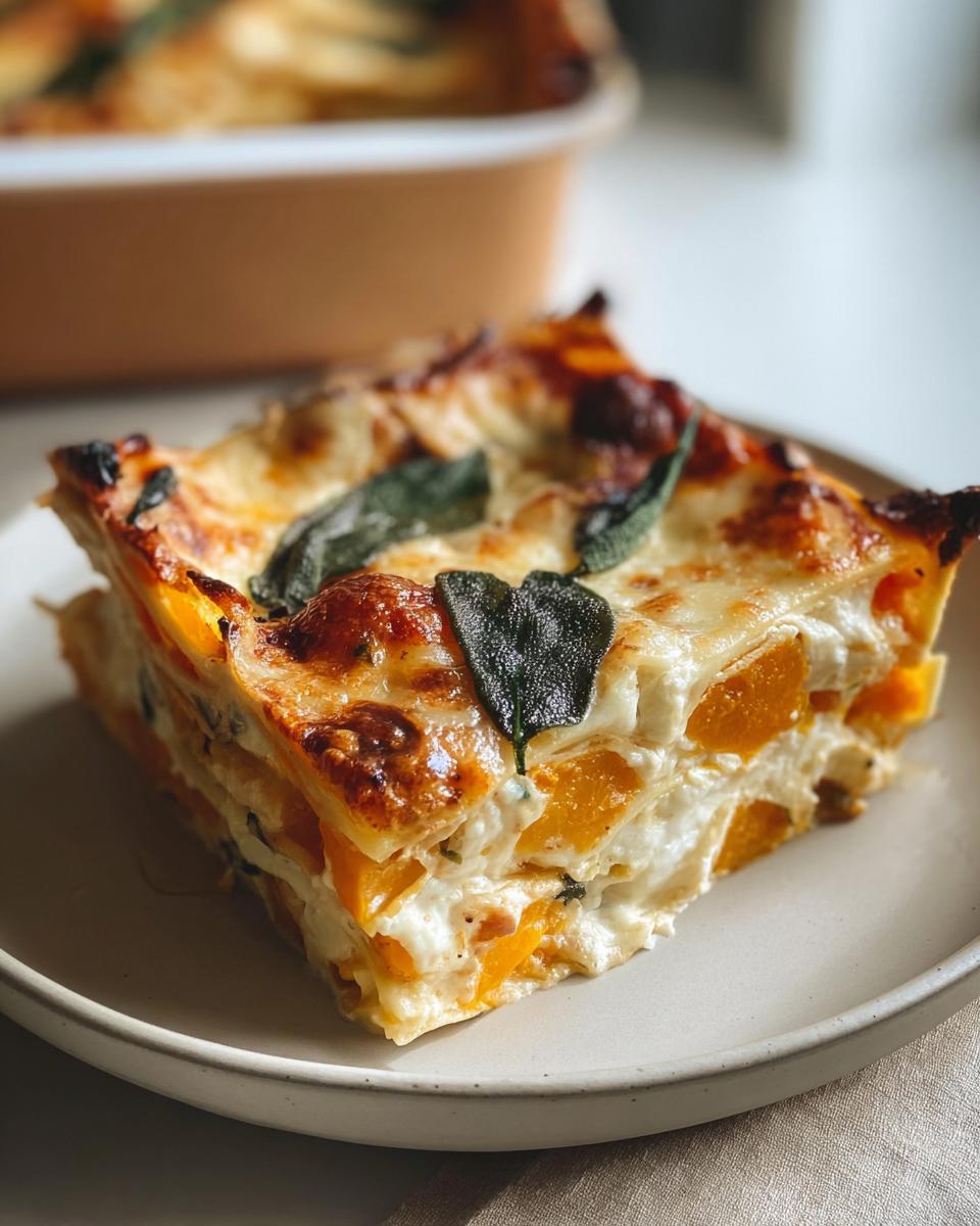A perfect square slice of Butternut Squash and Sage Lasagna showing layers of orange squash, white cheese, and topped with crispy sage.