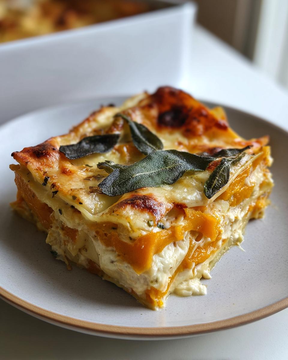 A hearty slice of Butternut Squash and Sage Lasagna showing layers of orange squash and white cheese, topped with crispy sage.