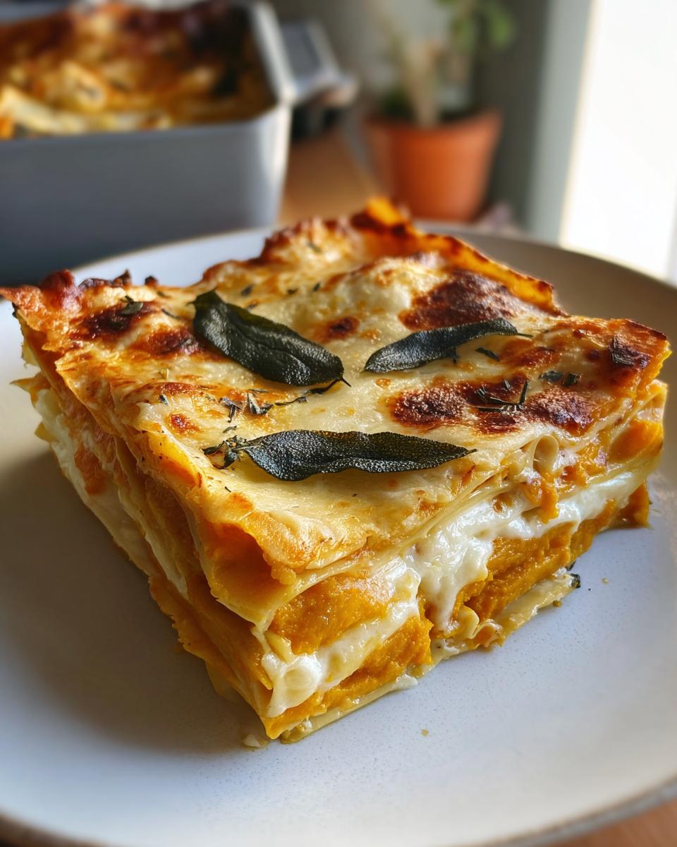 A close-up slice of Butternut Squash and Sage Lasagna showing layers of orange squash, white cheese, and topped with crispy sage leaves.