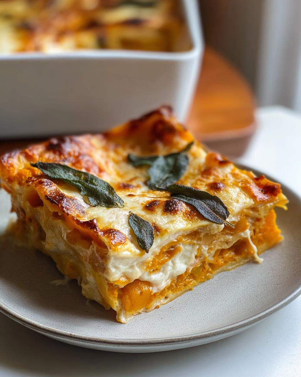A perfectly baked slice of Butternut Squash and Sage Lasagna topped with melted cheese and fresh sage leaves.