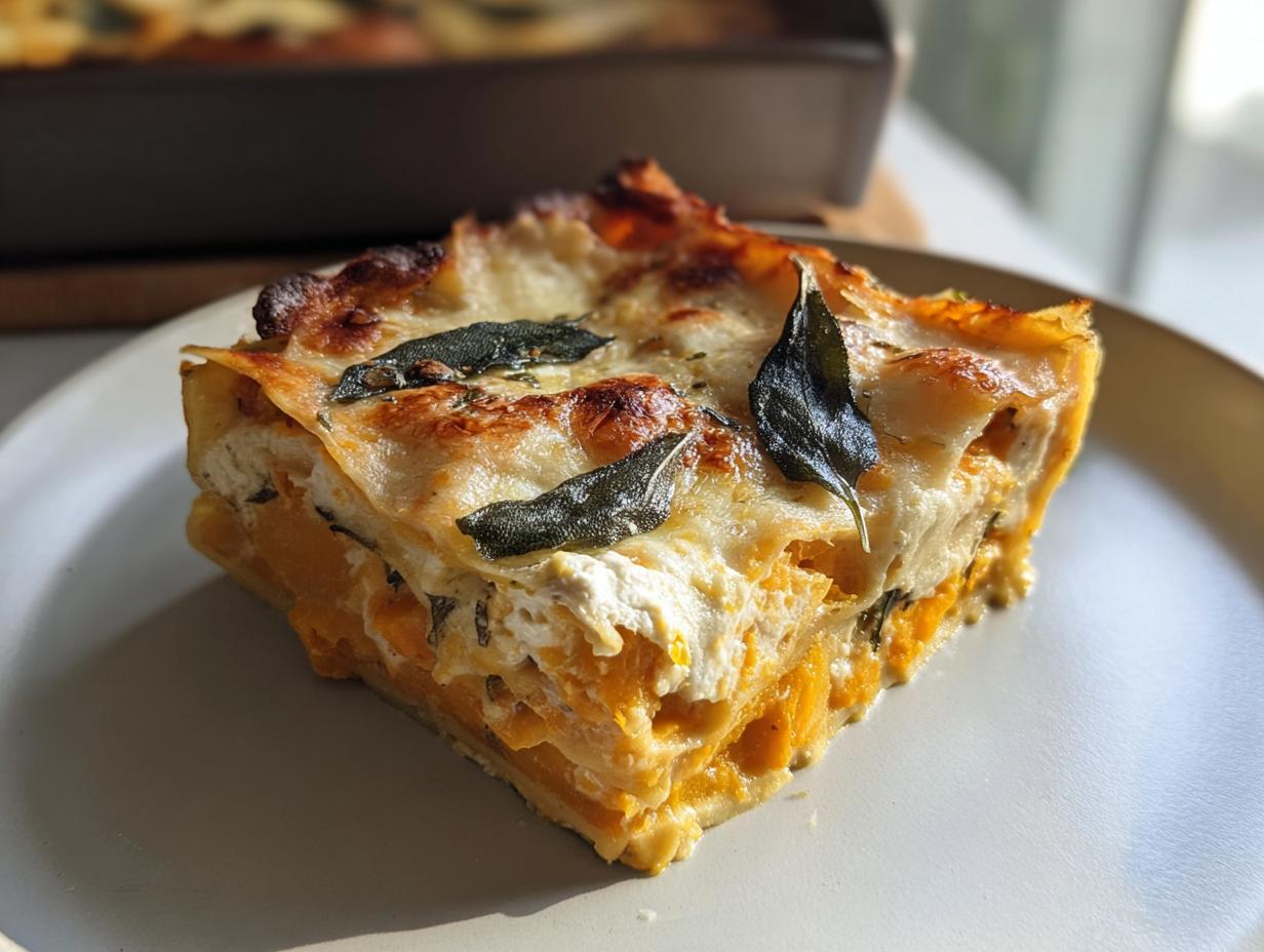 A generous slice of Butternut Squash and Sage Lasagna with browned cheese topping and crispy sage leaves.