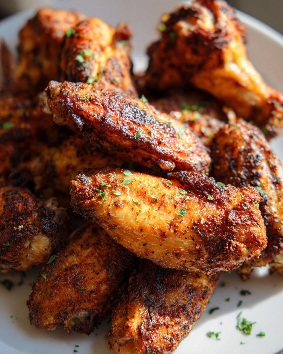 Close-up of crispy, seasoned Cajun Dry Rub Chicken Wings piled high on a white plate, garnished with parsley.