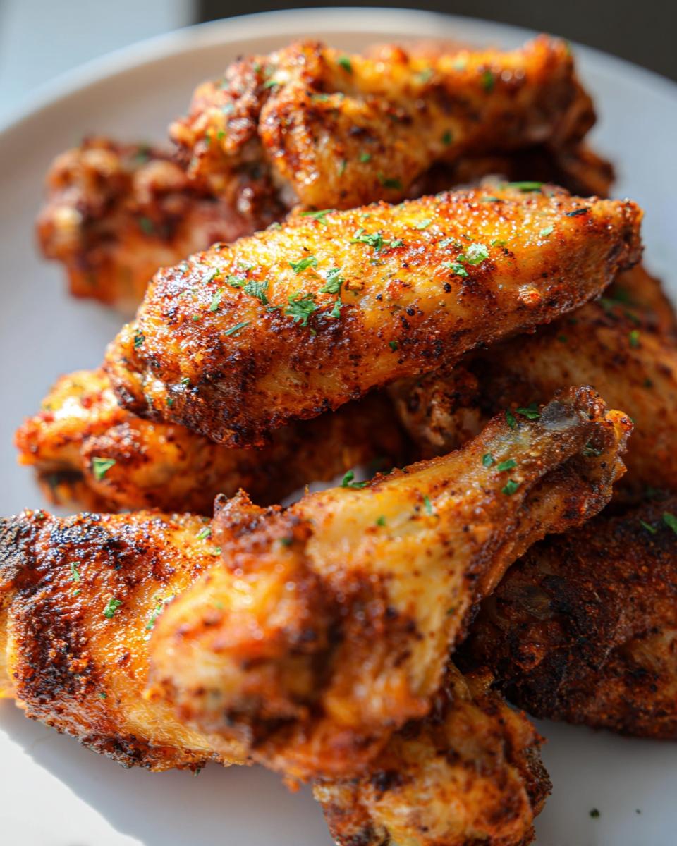 Close-up of perfectly cooked Cajun Dry Rub Chicken Wings piled on a white plate, garnished with parsley.