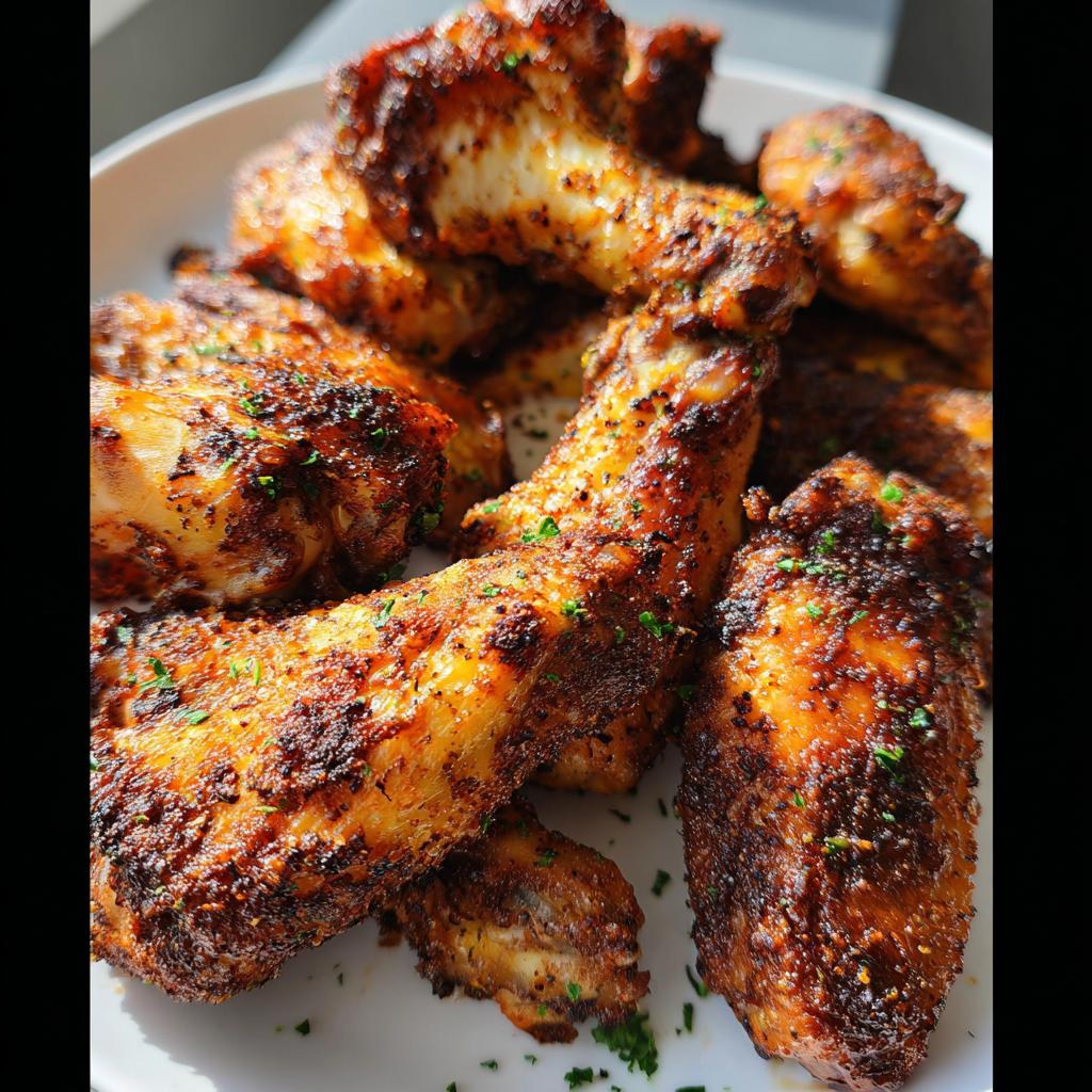Close-up of perfectly cooked Cajun Dry Rub Chicken Wings piled high on a white plate, garnished with parsley.