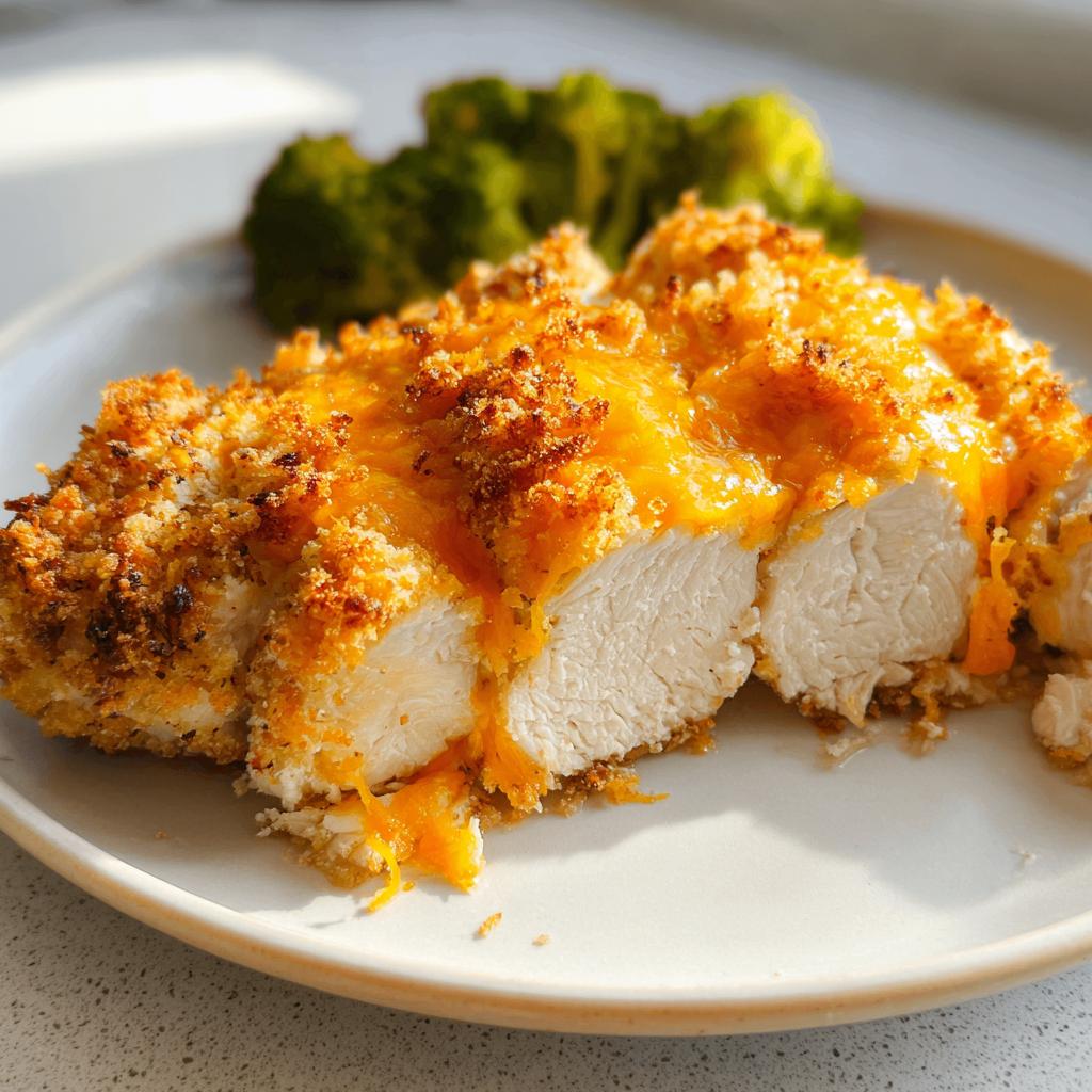 Cross-section view of juicy Cheddar Ranch Baked Chicken topped with melted cheese and crunchy breading, served with broccoli.