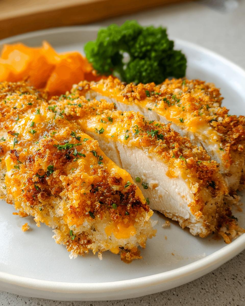 Close-up of sliced Cheddar Ranch Baked Chicken, showing the juicy white meat and golden, cheesy, crispy topping.