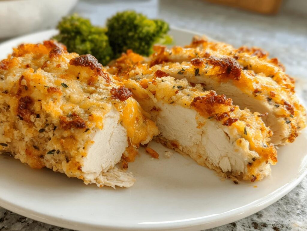 Close-up of sliced Cheddar Ranch Baked Chicken showing juicy white meat and a golden, cheesy, herbed crust.