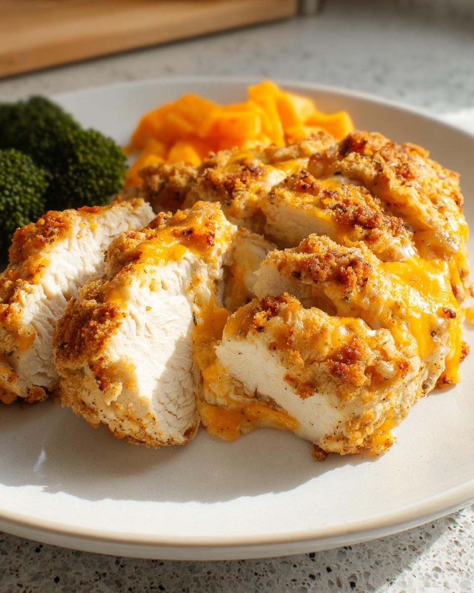 Close-up of sliced Cheddar Ranch Baked Chicken showing moist white meat and melted cheese topping, served with broccoli and sweet potatoes.
