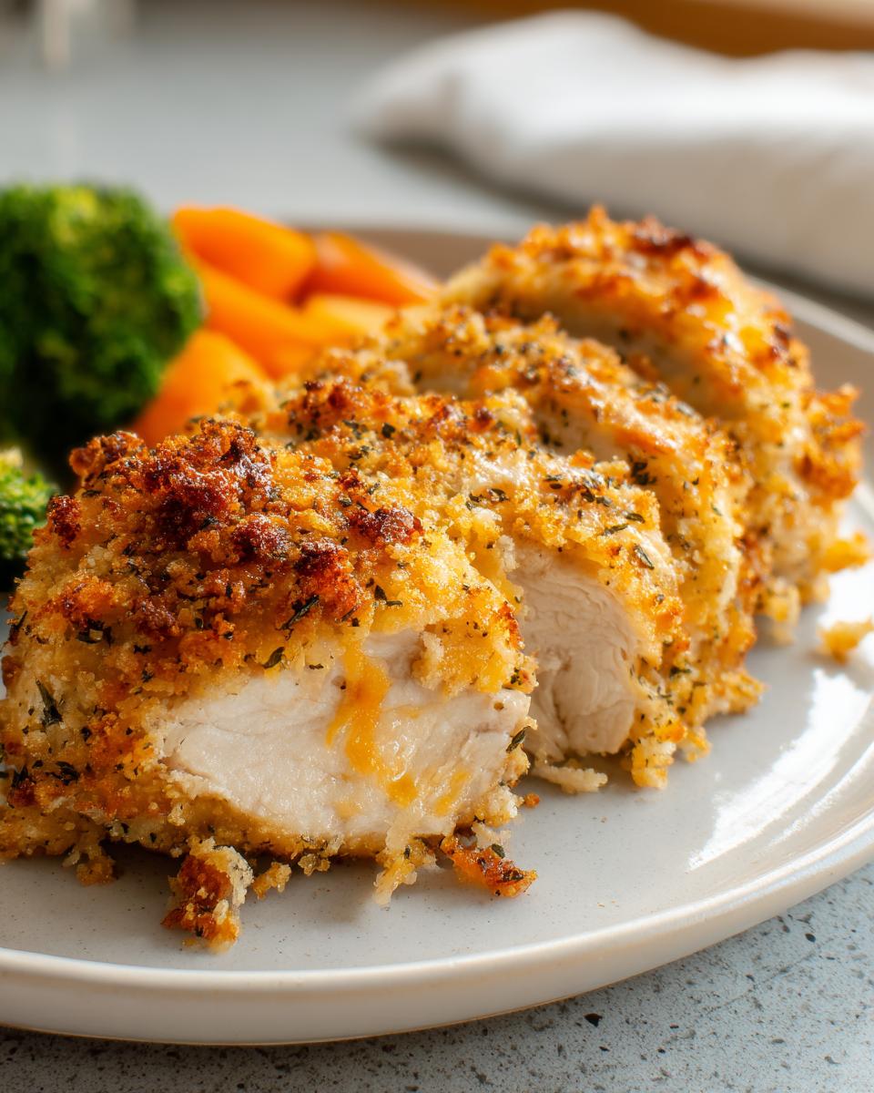 Close-up of sliced Cheddar Ranch Baked Chicken showing juicy white meat and a golden, crispy herbed crust.